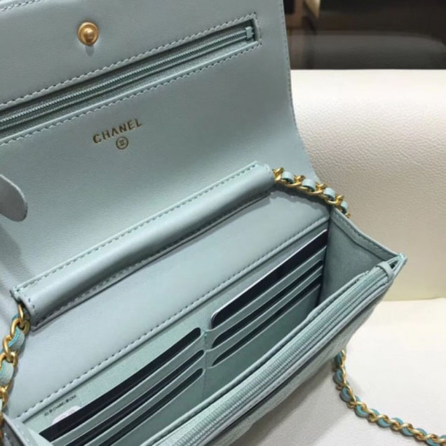 Chanel CC Filigree Grained Calfskin Wallet On Chain WOC Bag A84451 Light Green 2018