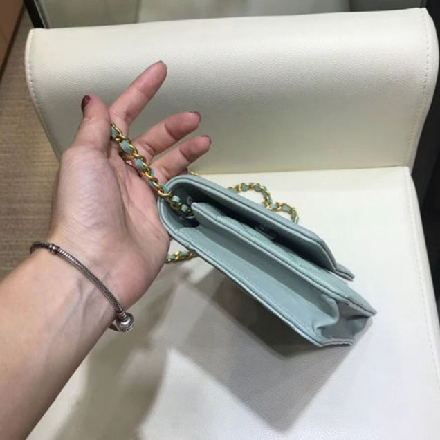 Chanel CC Filigree Grained Calfskin Wallet On Chain WOC Bag A84451 Light Green 2018