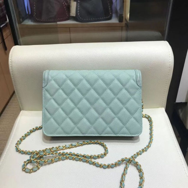 Chanel CC Filigree Grained Calfskin Wallet On Chain WOC Bag A84451 Light Green 2018