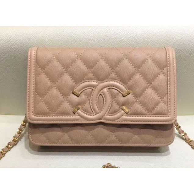 Chanel CC Filigree Grained Calfskin Wallet On Chain WOC Bag A84451 Apricot 2018