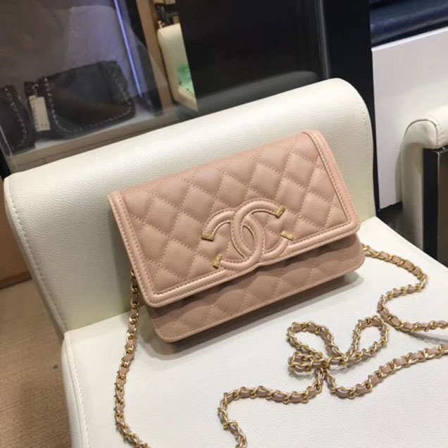 Chanel CC Filigree Grained Calfskin Wallet On Chain WOC Bag A84451 Apricot 2018