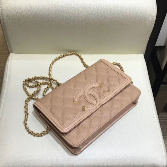 Chanel CC Filigree Grained Calfskin Wallet On Chain WOC Bag A84451 Apricot 2018