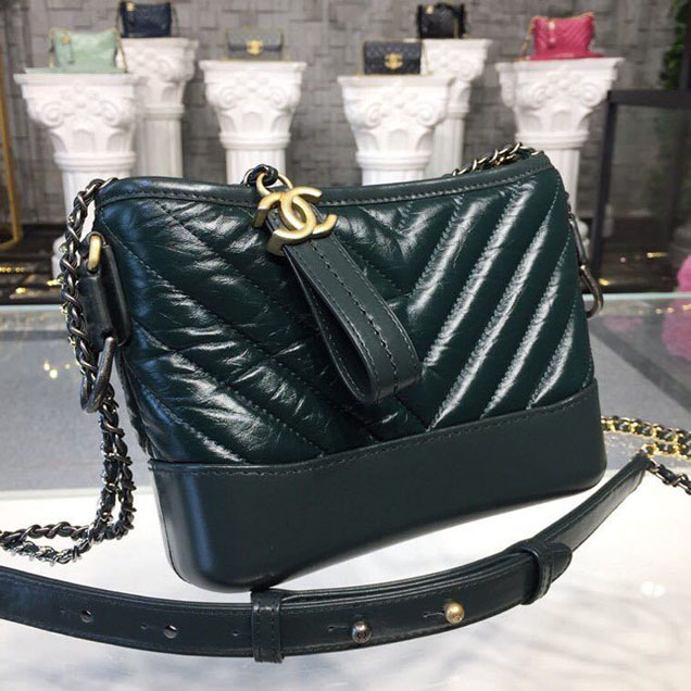 Chanel Gabrielle Chevron Hobo Bag Small 20cm Lambskin Leather Spring Summer Act 2 2018 Collection Dark Green