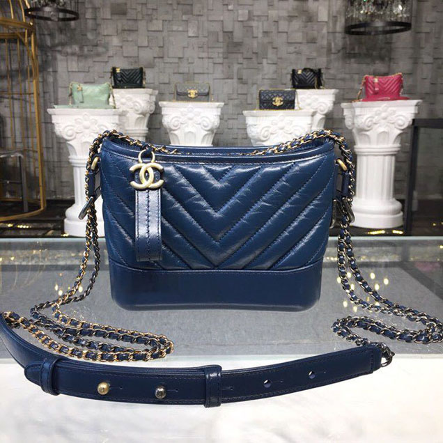 Chanel Gabrielle Chevron Hobo Bag Small 20cm Lambskin Leather Spring Summer Act 2 2018 Collection Navy