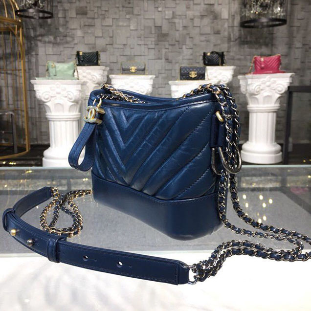 Chanel Gabrielle Chevron Hobo Bag Small 20cm Lambskin Leather Spring Summer Act 2 2018 Collection Navy