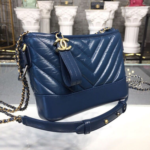 Chanel Gabrielle Chevron Hobo Bag Small 20cm Lambskin Leather Spring Summer Act 2 2018 Collection Navy