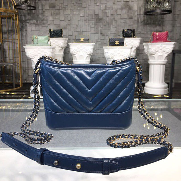 Chanel Gabrielle Chevron Hobo Bag Small 20cm Lambskin Leather Spring Summer Act 2 2018 Collection Navy