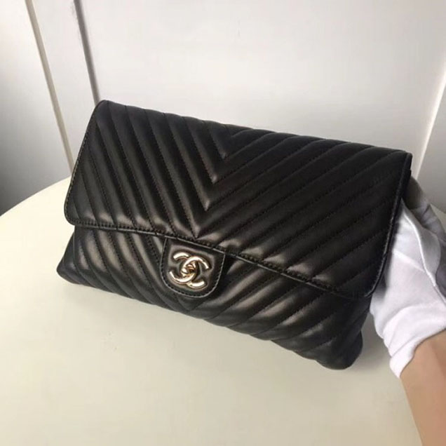 Chanel Lambskin Chevron Classic Clutch Bag A57650 Black 2018