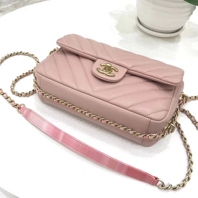 Chanel Chevron Multicolor Chain Small Flap Bag Light Pink 2018