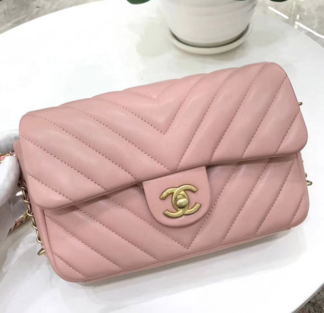 Chanel Chevron Multicolor Chain Small Flap Bag Light Pink 2018