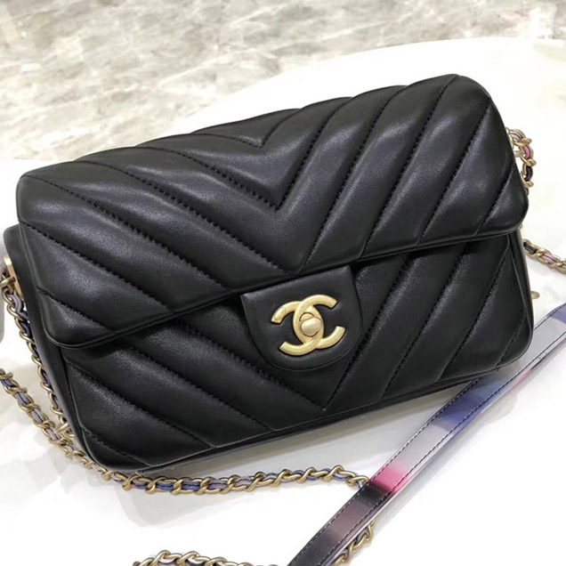 Chanel Chevron Multicolor Chain Small Flap Bag Black 2018