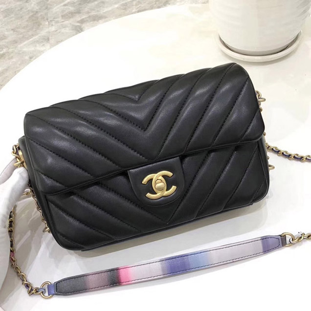 Chanel Chevron Multicolor Chain Small Flap Bag Black 2018