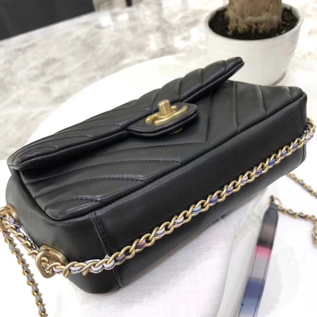 Chanel Chevron Multicolor Chain Small Flap Bag Black 2018