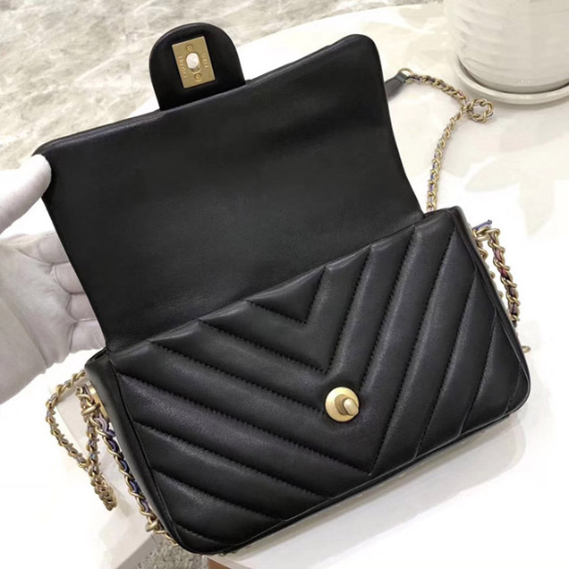 Chanel Chevron Multicolor Chain Small Flap Bag Black 2018