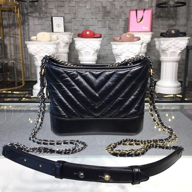 Chanel Gabrielle Chevron Hobo Bag Small 20cm Aged Calfskin Leather Spring Summer Act 1 2018 Collection Black
