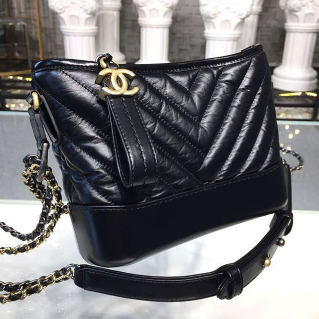 Chanel Gabrielle Chevron Hobo Bag Small 20cm Aged Calfskin Leather Spring Summer Act 1 2018 Collection Black