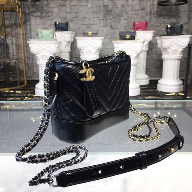 Chanel Gabrielle Chevron Hobo Bag Small 20cm Aged Calfskin Leather Spring Summer Act 2 2018 Collection Black