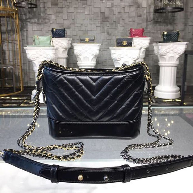 Chanel Gabrielle Chevron Hobo Bag Small 20cm Aged Calfskin Leather Spring Summer Act 2 2018 Collection Black