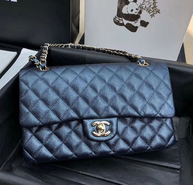 Chanel Classic Flap Bag Pearl Blue Grained Calfskin Gold-Tone Metal