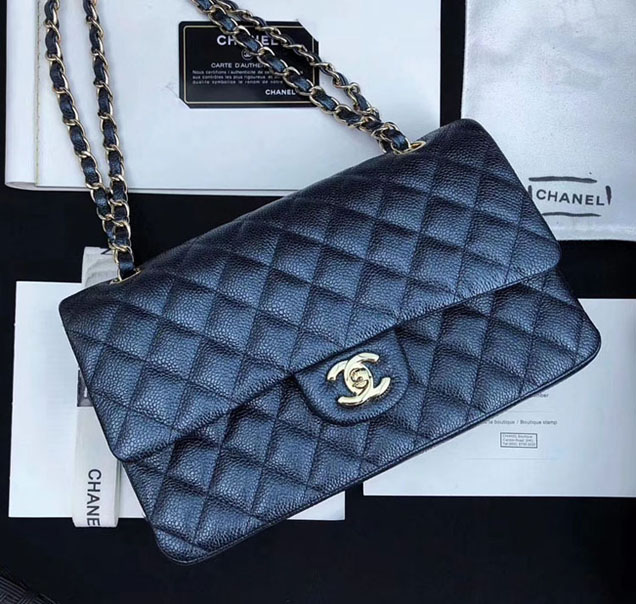 Chanel Classic Flap Bag Pearl Blue Grained Calfskin Gold-Tone Metal