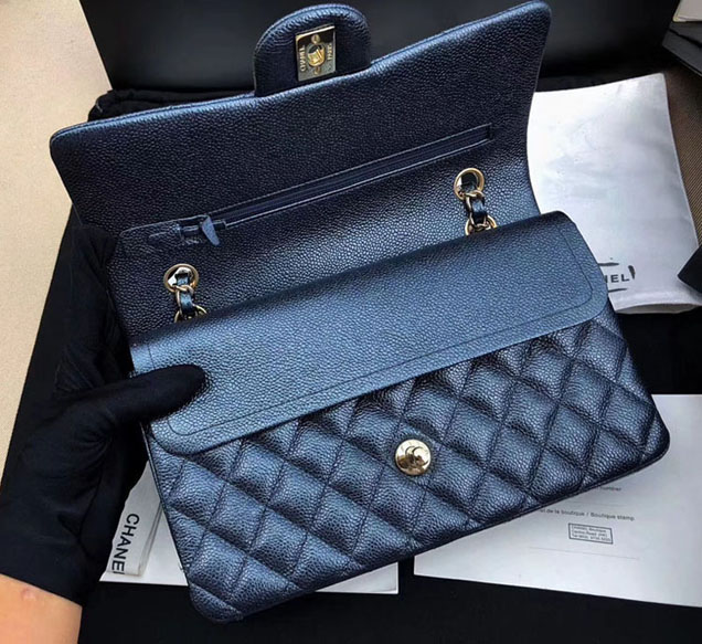 Chanel Classic Flap Bag Pearl Blue Grained Calfskin Gold-Tone Metal