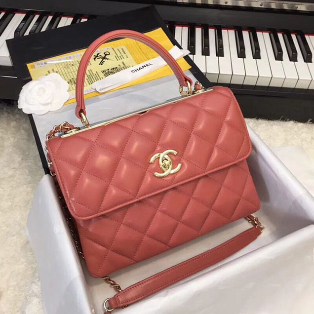 Chanel CC original lambskin top handle flap bag 92236 red Gold Buckle