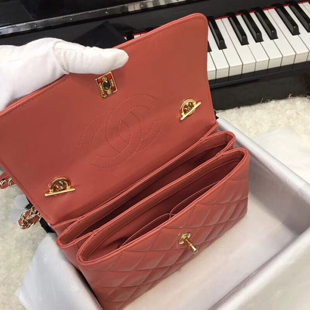 Chanel CC original lambskin top handle flap bag 92236 red Gold Buckle