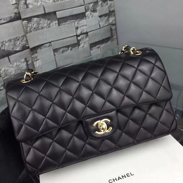 Chanel Flap Shoulder Bag Original sheepskin Leather A1112 black gold chain