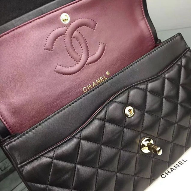 Chanel Flap Shoulder Bag Original sheepskin Leather A1112 black gold chain
