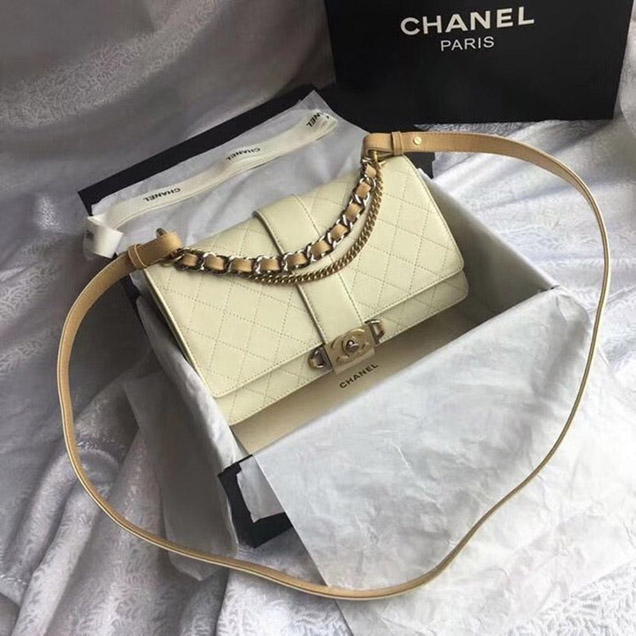 Chanel Flap Bag Calfskin Ruthenium-Finish & Gold-Tone Metal A57578 Beige