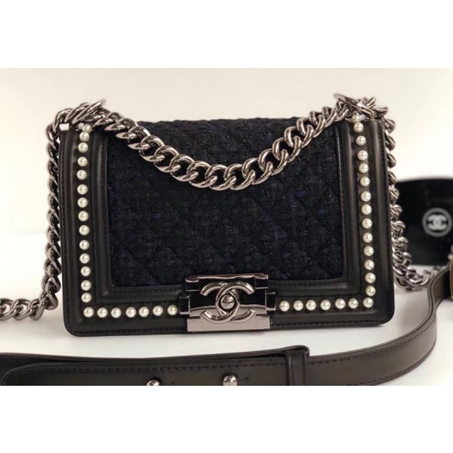 Chanel Tweed Pearls Small Boy Flap Bag Black/Navy Blue 2018