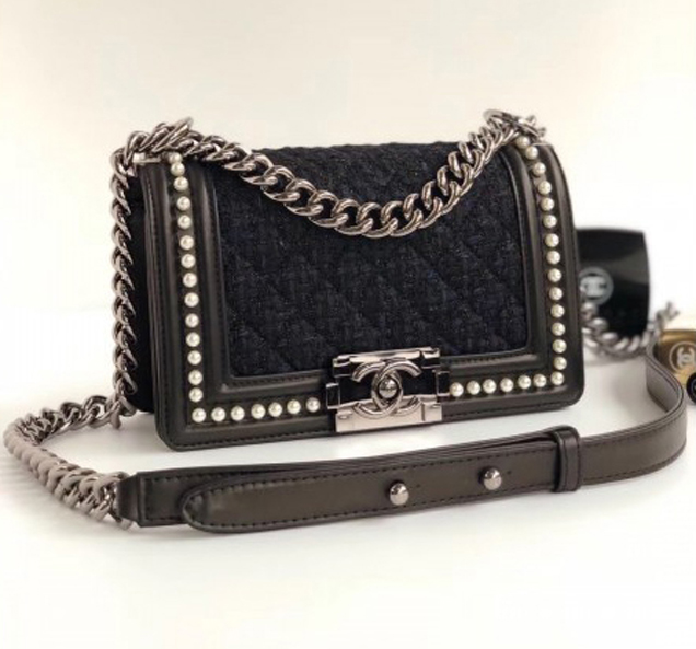 Chanel Tweed Pearls Small Boy Flap Bag Black/Navy Blue 2018