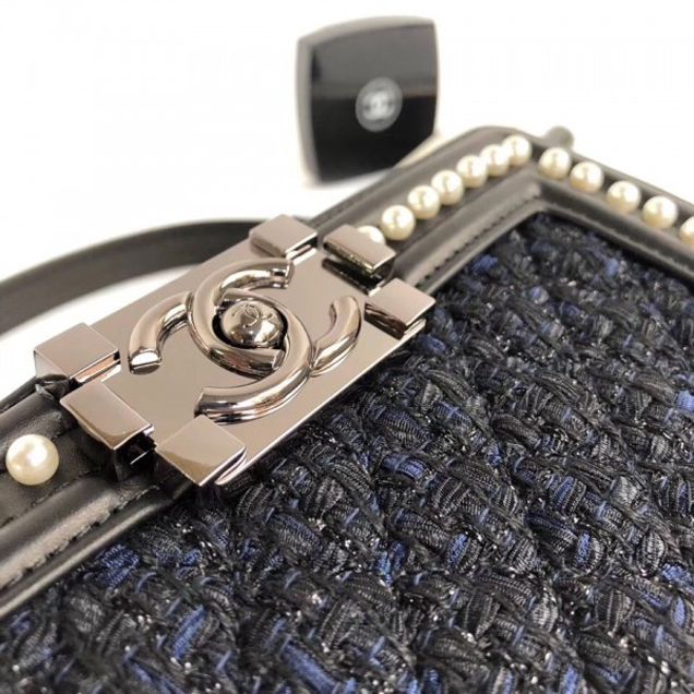 Chanel Tweed Pearls Small Boy Flap Bag Black/Navy Blue 2018