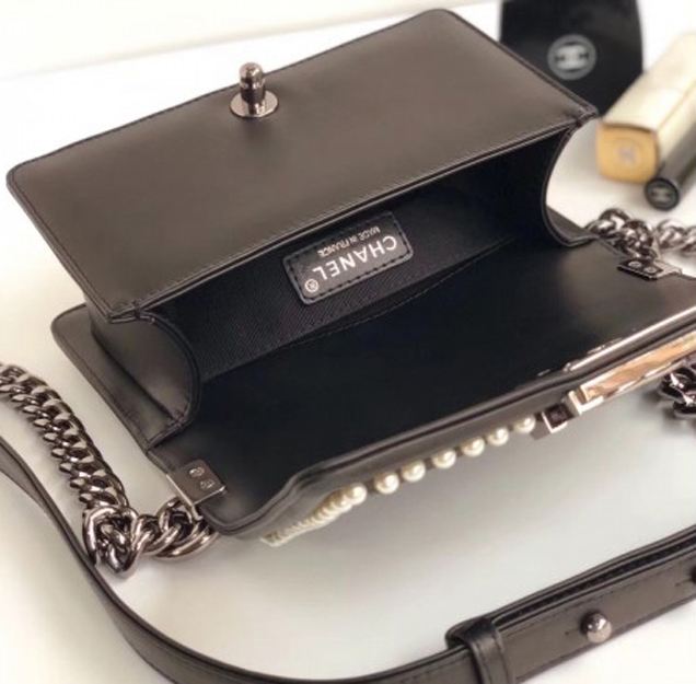 Chanel Tweed Pearls Small Boy Flap Bag Black/Navy Blue 2018