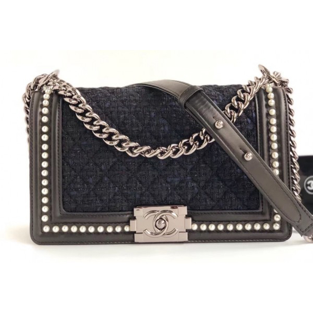 Chanel Tweed Pearls Medium Boy Flap Bag Black/Navy Blue 2018