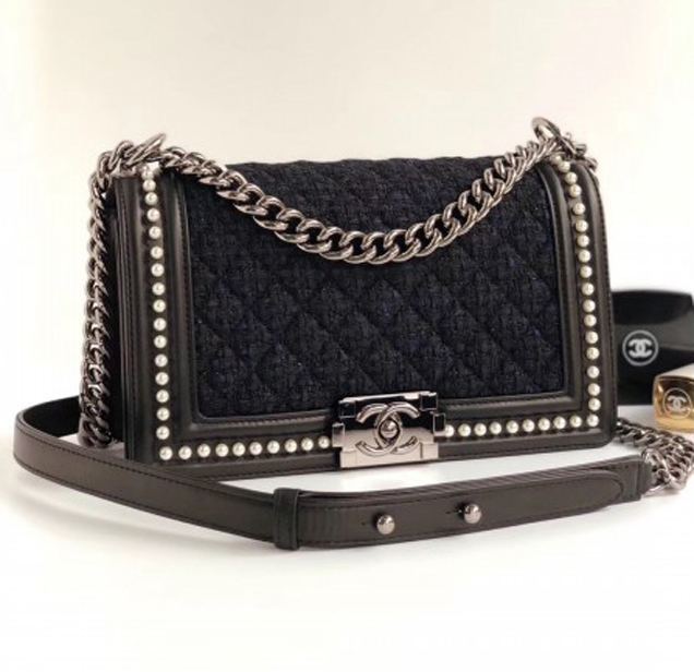 Chanel Tweed Pearls Medium Boy Flap Bag Black/Navy Blue 2018