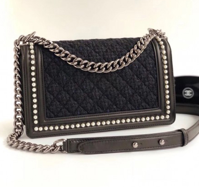 Chanel Tweed Pearls Medium Boy Flap Bag Black/Navy Blue 2018