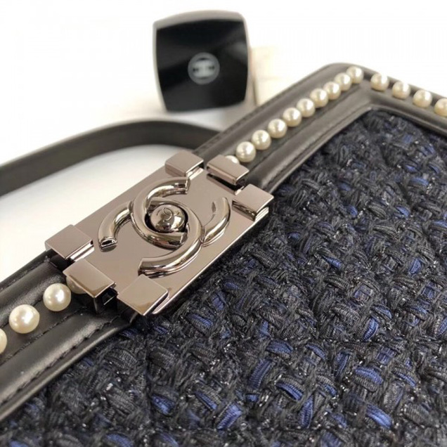Chanel Tweed Pearls Medium Boy Flap Bag Black/Navy Blue 2018