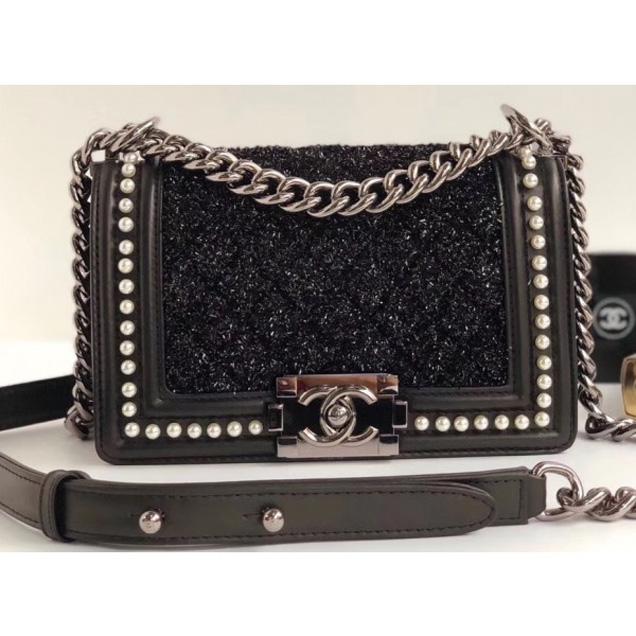 Chanel Tweed Pearls Small Boy Flap Bag Black 2018