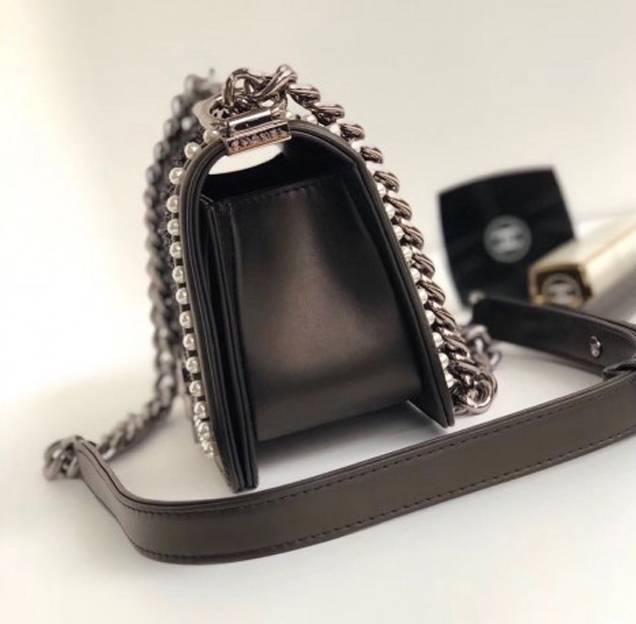 Chanel Tweed Pearls Small Boy Flap Bag Black 2018