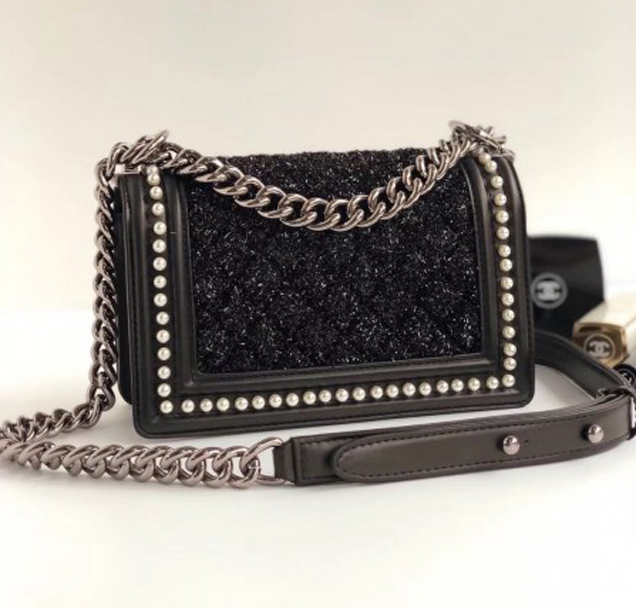Chanel Tweed Pearls Small Boy Flap Bag Black 2018