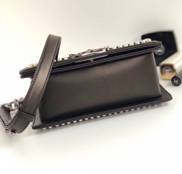 Chanel Tweed Pearls Small Boy Flap Bag Black 2018