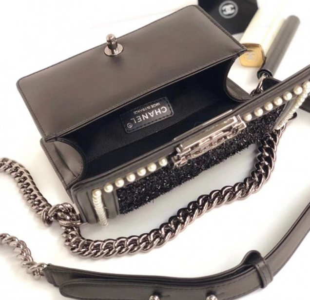 Chanel Tweed Pearls Small Boy Flap Bag Black 2018