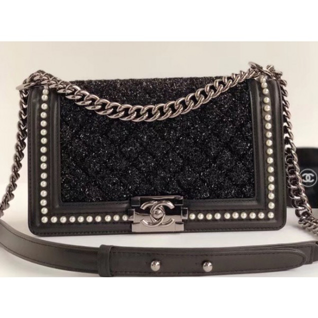 Chanel Tweed Pearls Medium Boy Flap Bag Black 2018