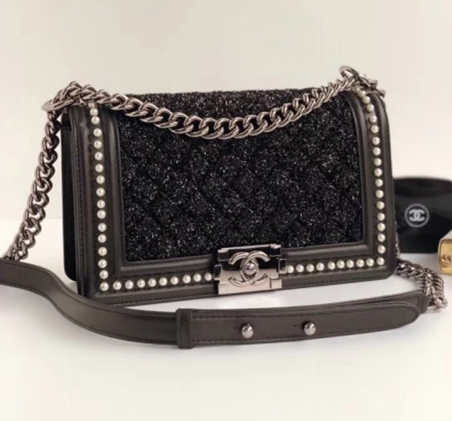 Chanel Tweed Pearls Medium Boy Flap Bag Black 2018