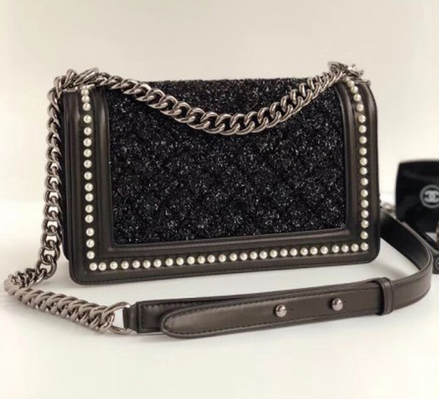 Chanel Tweed Pearls Medium Boy Flap Bag Black 2018