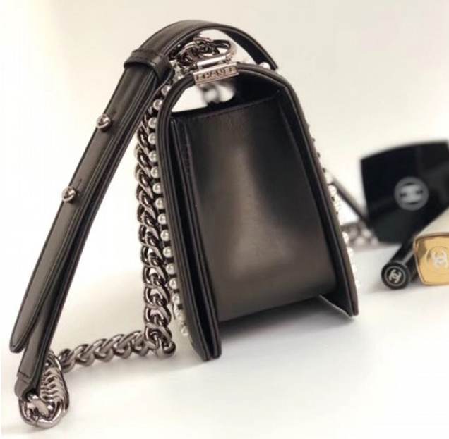 Chanel Tweed Pearls Medium Boy Flap Bag Black 2018