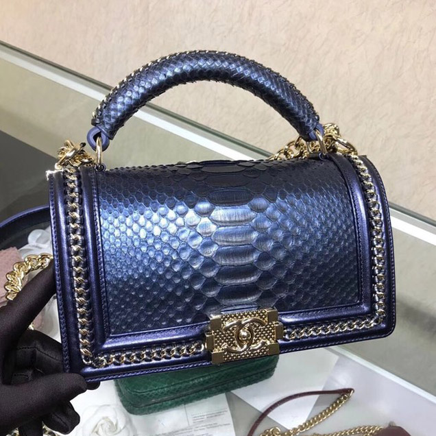 BOY CHANEL Flap Bag with Handle Python & Ruthenium-Finish Metal A94804 blue