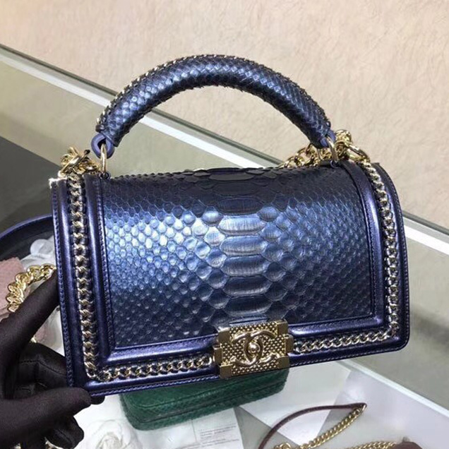 BOY CHANEL Flap Bag with Handle Python & Ruthenium-Finish Metal A94804 blue