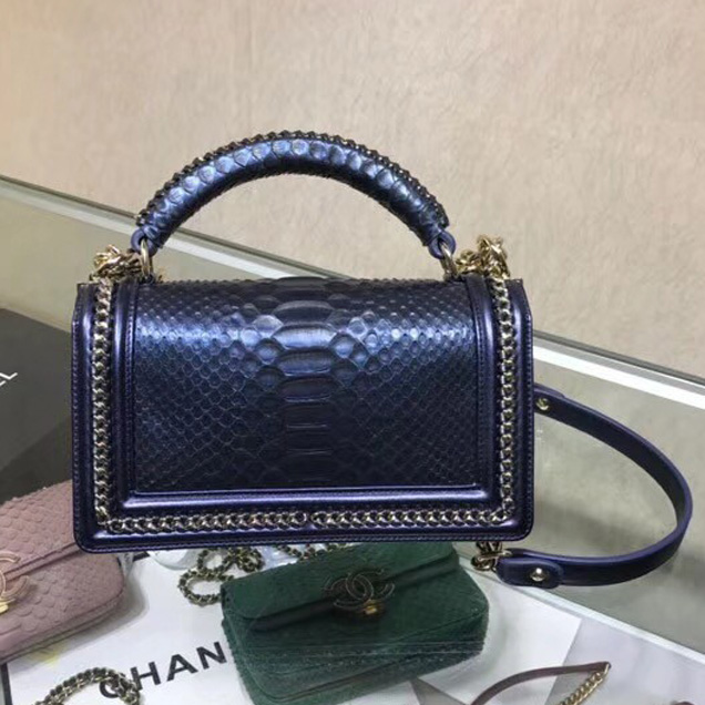 BOY CHANEL Flap Bag with Handle Python & Ruthenium-Finish Metal A94804 blue